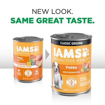 Paquete: Alimento seco para cachorros Iams Proactive Health con fórmula alta en proteínas y DHA con pollo real + Alimento húmedo clásico para cachorros con pollo molido y arroz