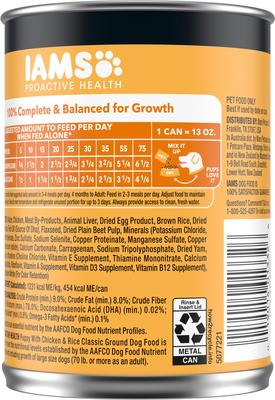 Paquete: Alimento seco para cachorros Iams Proactive Health con fórmula alta en proteínas y DHA con pollo real + Alimento húmedo clásico para cachorros con pollo molido y arroz