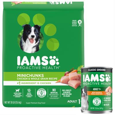 Paquete: Alimento húmedo para perros Iams ProActive Health Classic Ground con pollo y arroz integral + Alimento seco para perros MiniChunks Small Kibble