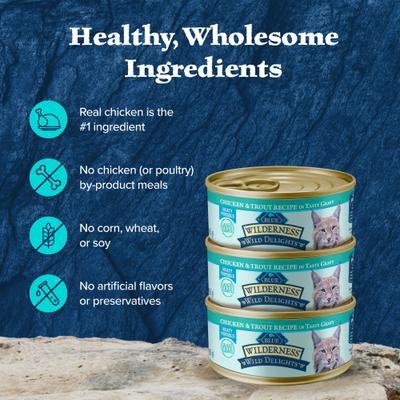 Wilderness Wild Delights Meaty Morsels Chicken & Trout Recipe in Tasty Gravy High-Protein Grain-Free Wet Cat Food, 3-oz can, 24 count