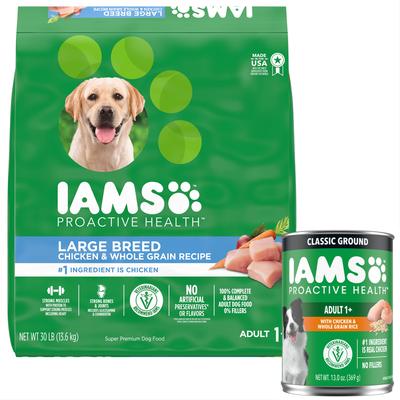 Paquete: Alimento húmedo Iams ProActive Health Classic Ground con pollo y arroz integral + Alimento seco para perros de razas grandes con pollo real