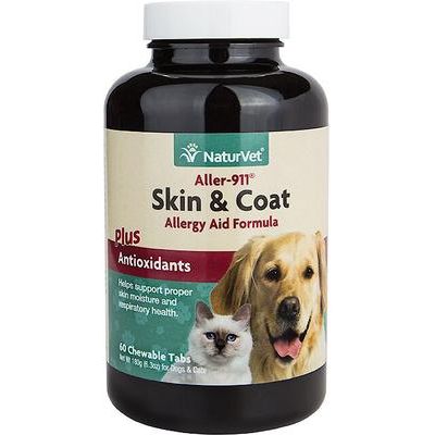 NaturVet, Aller-911 Allergy Aid Chewable Tablets, antioxidantes, omega-3 y cúrcuma para perros y gatos, 60 tabletas