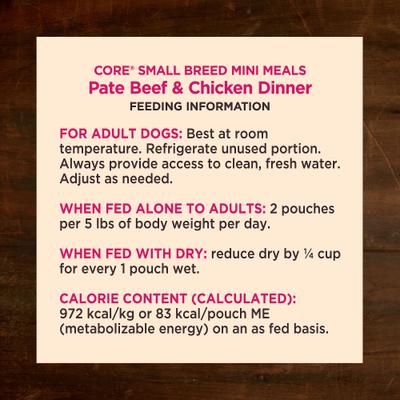 CORE Grain-Free Small Breed Mini Meals Beef & Chicken Pate Dog Food Pouches, 3-oz, case of 12
