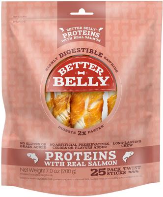 Proteins Twist Sticks with Real Salmon Highly Digestible Rawhide Dog Treat Chew, 25 count