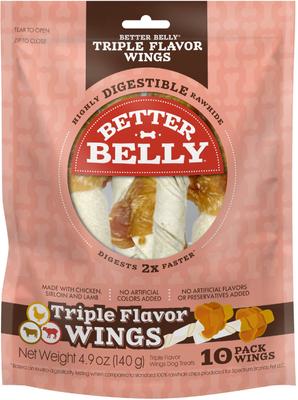 Triple Flavor Wings Sirloin, Lamb, & Chicken Highly Digestible Rawhide Dog Treat Chews, 10 count