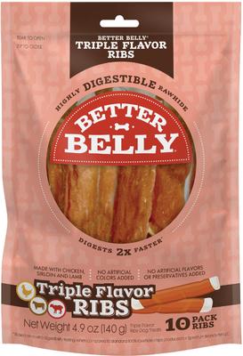 Triple Flavor Ribs Sirloin, Lamb, & Chicken Highly Digestible Rawhide Dog Treat Chews, 10 count
