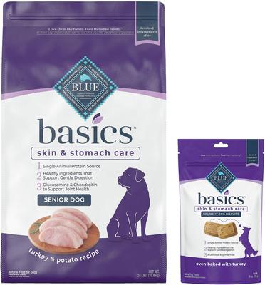 Paquete: Alimento seco para perros mayores Blue Buffalo Basics Limited Ingredient Diet Turkey & Potato Recipe, bolsa de 24 lb + Blue Buffalo Basics Limited Ingredient Formula Biscuits Turkey & Potato Dog Treats, bolsa de 6 oz