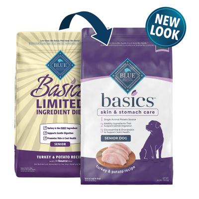 Paquete: Alimento seco para perros mayores Blue Buffalo Basics Limited Ingredient Diet Turkey & Potato Recipe, bolsa de 24 lb + Blue Buffalo Basics Limited Ingredient Formula Biscuits Turkey & Potato Dog Treats, bolsa de 6 oz