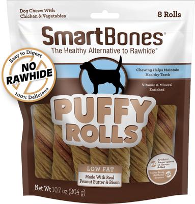 Puffy Rolls Real Peanut Butter & Bison Rawhide-Free Dog Chew Treats, 8 count