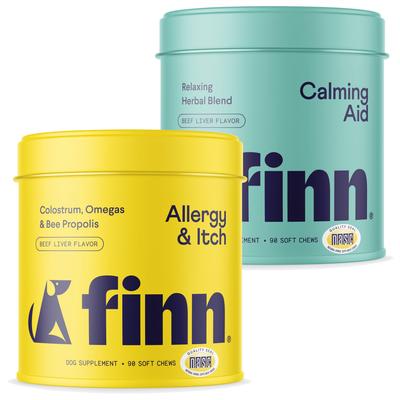 Bundle: Finn Allergy & Itch Beef Liver Flavored Soft Chew Allergy, 90 count + Calming Aid Soft Chew Dog Supplement, 90 count