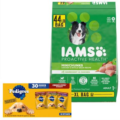 Paquete: Iams Proactive Health MiniChunks - Alimento seco con pollo y cereales integrales en croquetas pequeñas + Pedigree Choice Cuts en salsa (paquete variado) - Alimento húmedo para perros