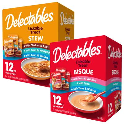Bundle: Hartz Delectables Stew Variety Pack + Bisque Variety Pack Lickable Cat Treats