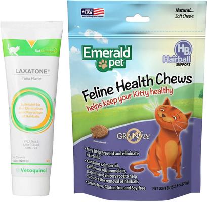 Bundle: Vetoquinol Laxatone Lubricant for Hairballs Tuna Flavored Cat Oral Gel, 4.25-oz tube & Emerald Pet Chicken Flavored Hairball Formula Grain-Free Cat Chews, 2.5-oz bag