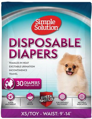 Paquete: Pañales desechables femeninos Simple Solution, talla extra pequeña, 30 unidades + premios para perros Fruitables Skinny Minis con sabor a calabaza y frutos rojos, bolsa de 5 oz