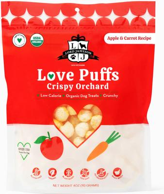 Golosinas crujientes para perros Love Puffs Crispy Orchard, bolsa de 4 oz