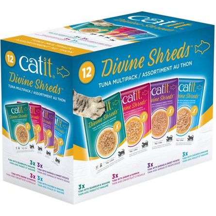 Paquete múltiple de aderezo de atún Divine Shreds para gatos, bolsa de 2.65 oz, 12 unidades