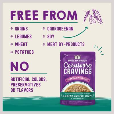 Carnivore Cravings Morsels'N'Gravy Salmon & Mackerel Recipe Cat Food, 2.8-oz pouch, case of 12