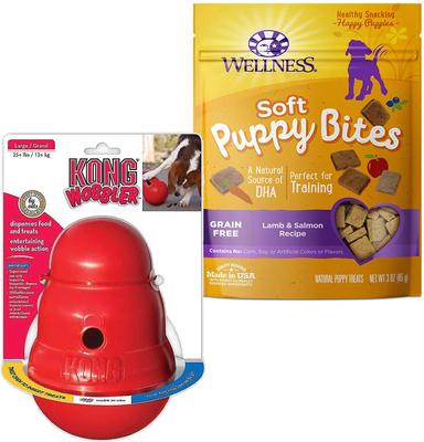 Bundle: KONG Wobbler Dog Toy, Small + Wellness Soft Puppy Bites Lamb & Salmon Recipe Grain-Free Dog Treats, 3-oz pouch