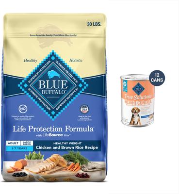 Paquete: Alimento seco para perros Blue Buffalo Life Protection Formula para razas grandes con peso saludable, receta de pollo y arroz integral para adultos + Alimento húmedo True Solutions Fit & Healthy Weight Control Formula