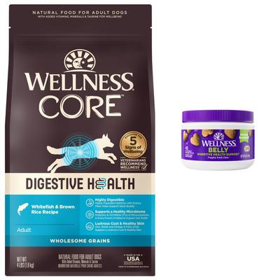 Bundle: Wellness Belly Digestive Health Support Pumpkin Flavor Chew Supplements + CORE Wholesome Grains Whitefish & Brown Rice Recipe Dry Dog Food