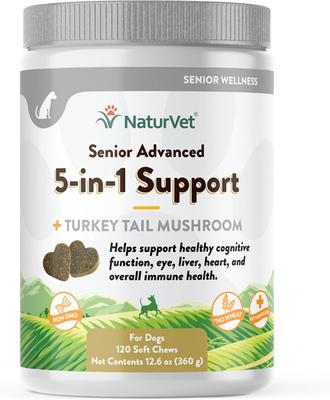 Senior Advanced 5-in-1 Support Turkey Tail Mushroom, Ginko Biloba, Coenzyme Q10 & Lutien Dog Supplement, 60 count