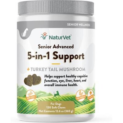 NaturVet, Advanced 5-in-1 Senior, masticables con hongo cola de pavo, ginkgo, cardo mariano, CoQ10 y luteína para perros mayores, 60 / 120 unidades