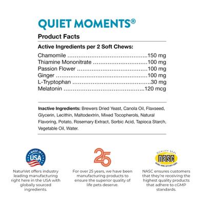 NaturVet, Quiet Moments Plus Melatonin, masticables blandos calmantes con manzanilla y melatonina para perros, 65 unidades