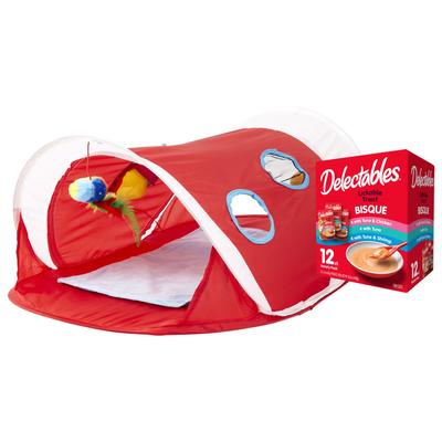 Bundle: Hartz Delectables Bisque Variety Pack Lickable Cat Treats, case of 12 + Hartz Just for Cats Peek & Play Pop-Up Tent Cat Toy