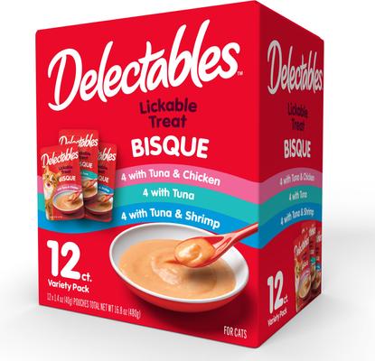 Bundle: Hartz Delectables Bisque Variety Pack Lickable Cat Treats, case of 12 + Hartz Just for Cats Peek & Play Pop-Up Tent Cat Toy