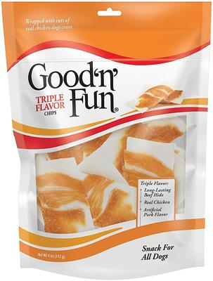Chicken Wrapped Triple Flavor Rawhide Chips Pork, Chicken & Beef Dog Treat Chews, 4-oz bag
