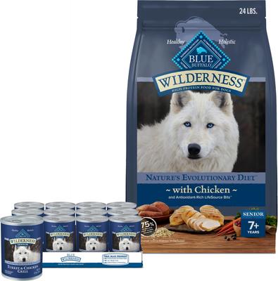 Paquete: Alimento seco para perros mayores Blue Buffalo Wilderness Chicken + Alimento enlatado para perros mayores Turkey & Chicken Grill