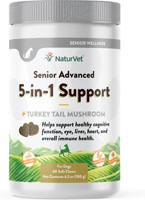 Senior Advanced 5-in-1 Support Turkey Tail Mushroom, Ginko Biloba, Coenzyme Q10 & Lutien Dog Supplement, 60 count