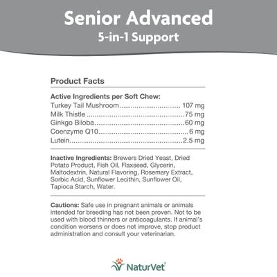 Senior Advanced 5-in-1 Support Turkey Tail Mushroom, Ginko Biloba, Coenzyme Q10 & Lutien Dog Supplement, 60 count
