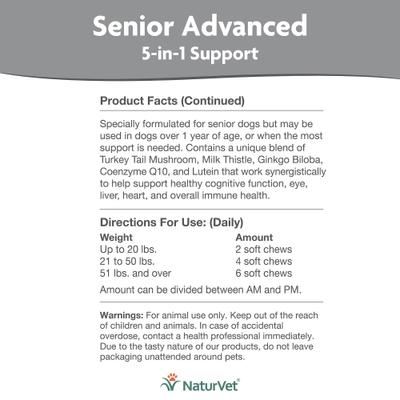 NaturVet, Advanced 5-in-1 Senior, masticables con hongo cola de pavo, ginkgo, cardo mariano, CoQ10 y luteína para perros mayores, 60 / 120 unidades