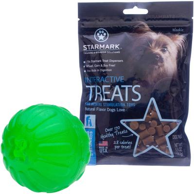 Bundle: Starmark Treat Dispensing Chew Ball Tough Dog Toy, Large + Starmark Interactive Dog Treats, 5.5-oz bag