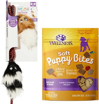 Bundle: Outward Hound Tail Teaser with Refill Dog & Cat Teaser Toy + Wellness Soft Puppy Bites Lamb & Salmon Recipe Grain-Free Dog Treats, 3-oz pouch