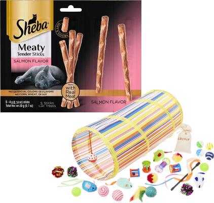 Bundle: Sheba Meaty Tender Sticks Salmon Flavored Cat Treats, 5 count + Frisco Plush, Teaser, Ball & Tunnel Variety Pack Cat Toy with Catnip, 25 count