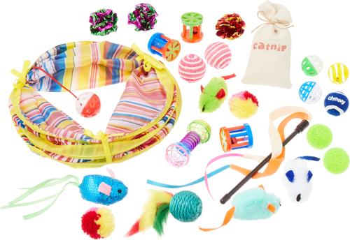 Bundle: Sheba Meaty Tender Sticks Salmon Flavored Cat Treats, 5 count + Frisco Plush, Teaser, Ball & Tunnel Variety Pack Cat Toy with Catnip, 25 count