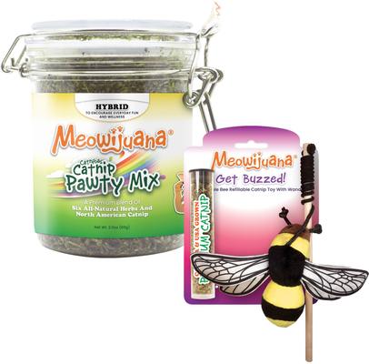 Bundle: Meowijuana Catnip Pawty Mix, 60-g jar + Meowijuana Refillable Get Buzzed Catnip Bee Cat Toy