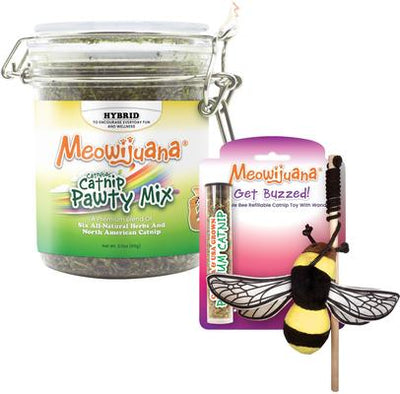 Bundle: Meowijuana Catnip Pawty Mix, 60-g jar + Meowijuana Refillable Get Buzzed Catnip Bee Cat Toy