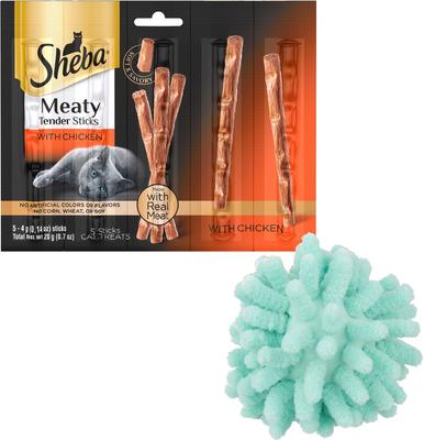 Bundle: Sheba Meaty Tender Sticks Chicken Cat Treats, 5 count + Frisco Moppy Ball Cat Toy, Blue