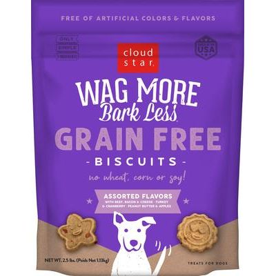 Golosinas crujientes para perros Wag More Bark Less sin cereales, sabores variados, bolsa de 2.5 lb