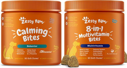 Bundle: Zesty Paws All Ages, Calming Bites, Peanut Butter Flavored Soft Chews + 8-in-1 Multivitamin Bites Chicken Flavor Dog Supplement