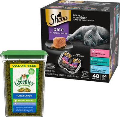 Bundle: Sheba Perfect Portions Seafood Pate Grain-Free Food Trays + Greenies Feline Greenies Smartbites Healthy Indoor Tuna Flavored Cat Treats