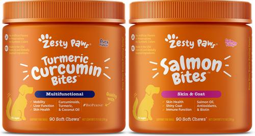 Bundle: Zesty Paws Curcumin Bites Everyday Vitality Duck Flavor Dog Supplement, 90 count + Zesty Paws Salmon Bites Skin & Coat Dog Supplement, 90 count