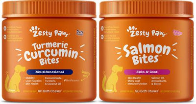 Bundle: Zesty Paws Curcumin Bites Everyday Vitality Duck Flavor Dog Supplement, 90 count + Zesty Paws Salmon Bites Skin & Coat Dog Supplement, 90 count
