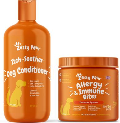 Paquete: Acondicionador antipicazón de avena Zesty Paws con aloe vera y manteca de karité orgánica para perros (botella de 473 ml) y suplemento masticable suave para el sistema inmunitario Zesty Paws Aller-Immune Bites con sabor a cordero.