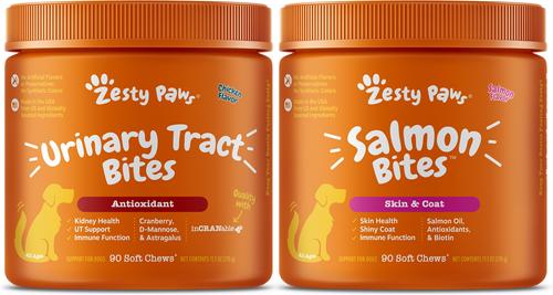 Bundle: Zesty Paws Cranberry Bladder Bites Urinary Tract Support Chicken Flavor Chews for Dogs, 90 count + Zesty Paws Salmon Bites Skin & Coat Dog Supplement, 90 count