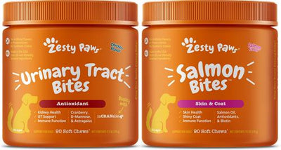 Bundle: Zesty Paws Cranberry Bladder Bites Urinary Tract Support Chicken Flavor Chews for Dogs, 90 count + Zesty Paws Salmon Bites Skin & Coat Dog Supplement, 90 count