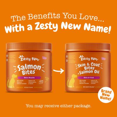 Bundle: Zesty Paws Cranberry Bladder Bites Urinary Tract Support Chicken Flavor Chews for Dogs, 90 count + Zesty Paws Salmon Bites Skin & Coat Dog Supplement, 90 count